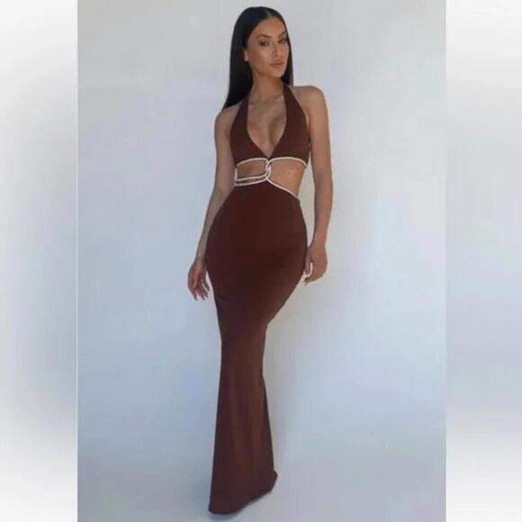 Meshki Dresses & Skirts - Meshki Nicha Diamante Cut Out Maxi Dress - Chocolate